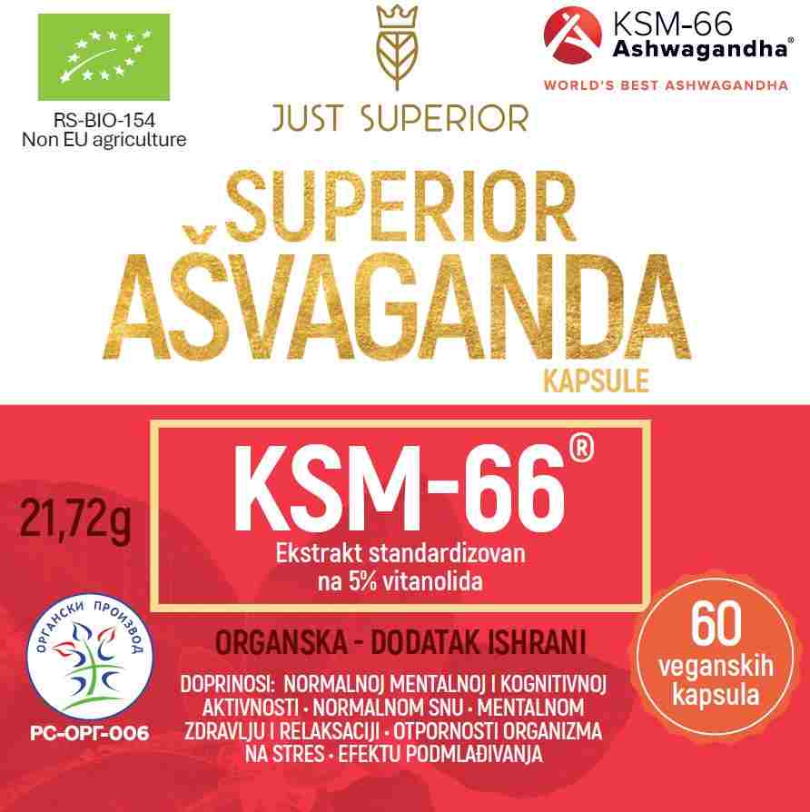 Organski Ašvaganda Ekstrakt KSM-66 Just Superior - 60 Veganskih Kapsula - Slika 2