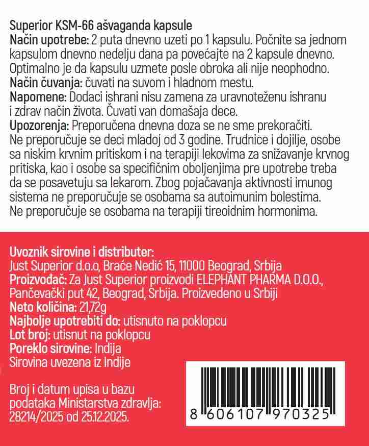 Organski Ašvaganda Ekstrakt KSM-66 Just Superior - 60 Veganskih Kapsula - Slika 4